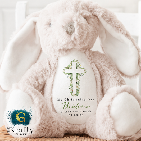 Christening Soft Toy - Green Floral Cross Design
