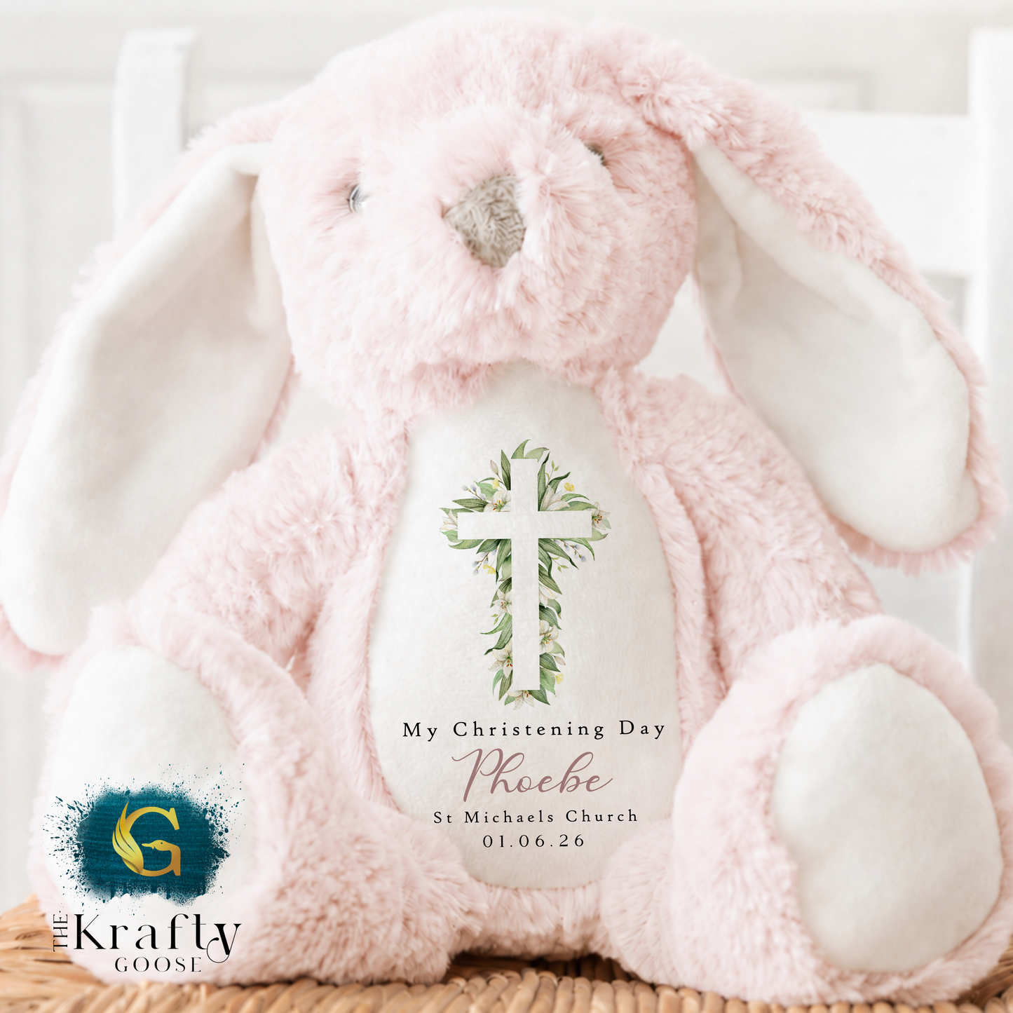 Christening Soft Toy - Green Floral Cross Design