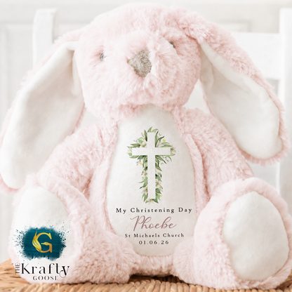 Christening Soft Toy - Green Floral Cross Design