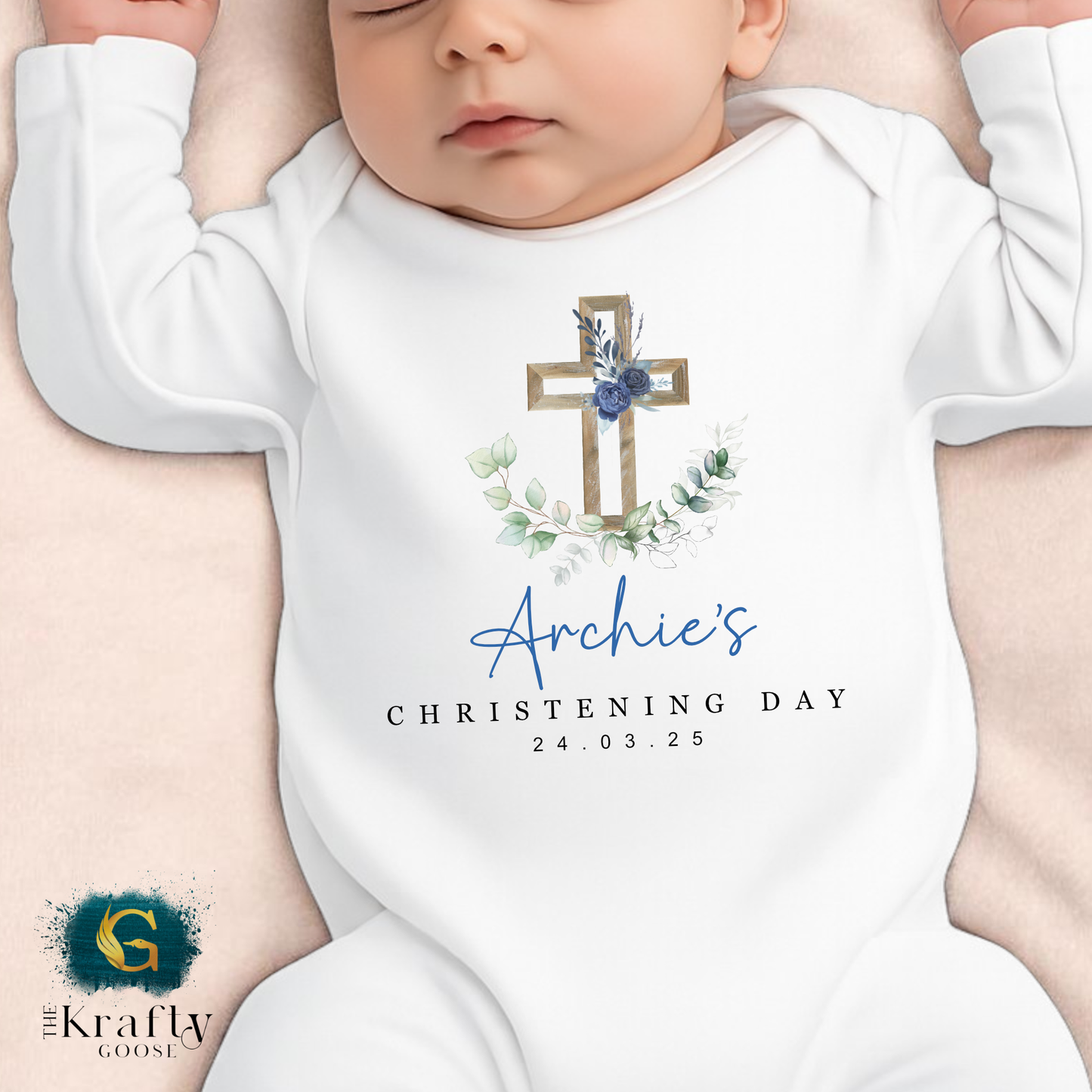 Christening Outfit Blue Floral Cross - Sleepsuit Romper - Vest - Bib