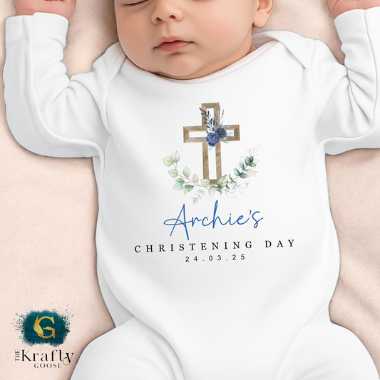 Christening Outfit Blue Floral Cross - Sleepsuit Romper - Vest - Bib