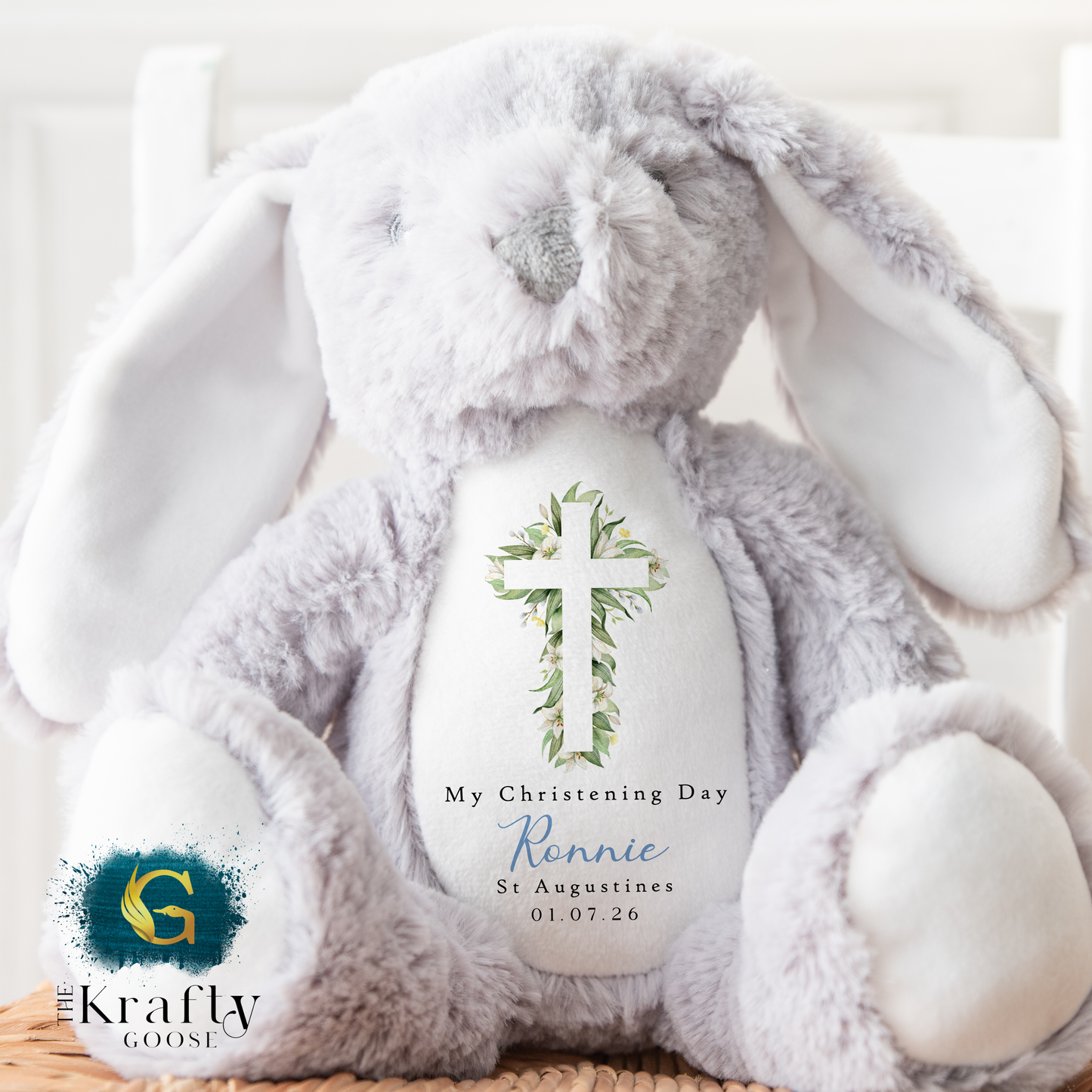 Christening Soft Toy - Green Floral Cross Design
