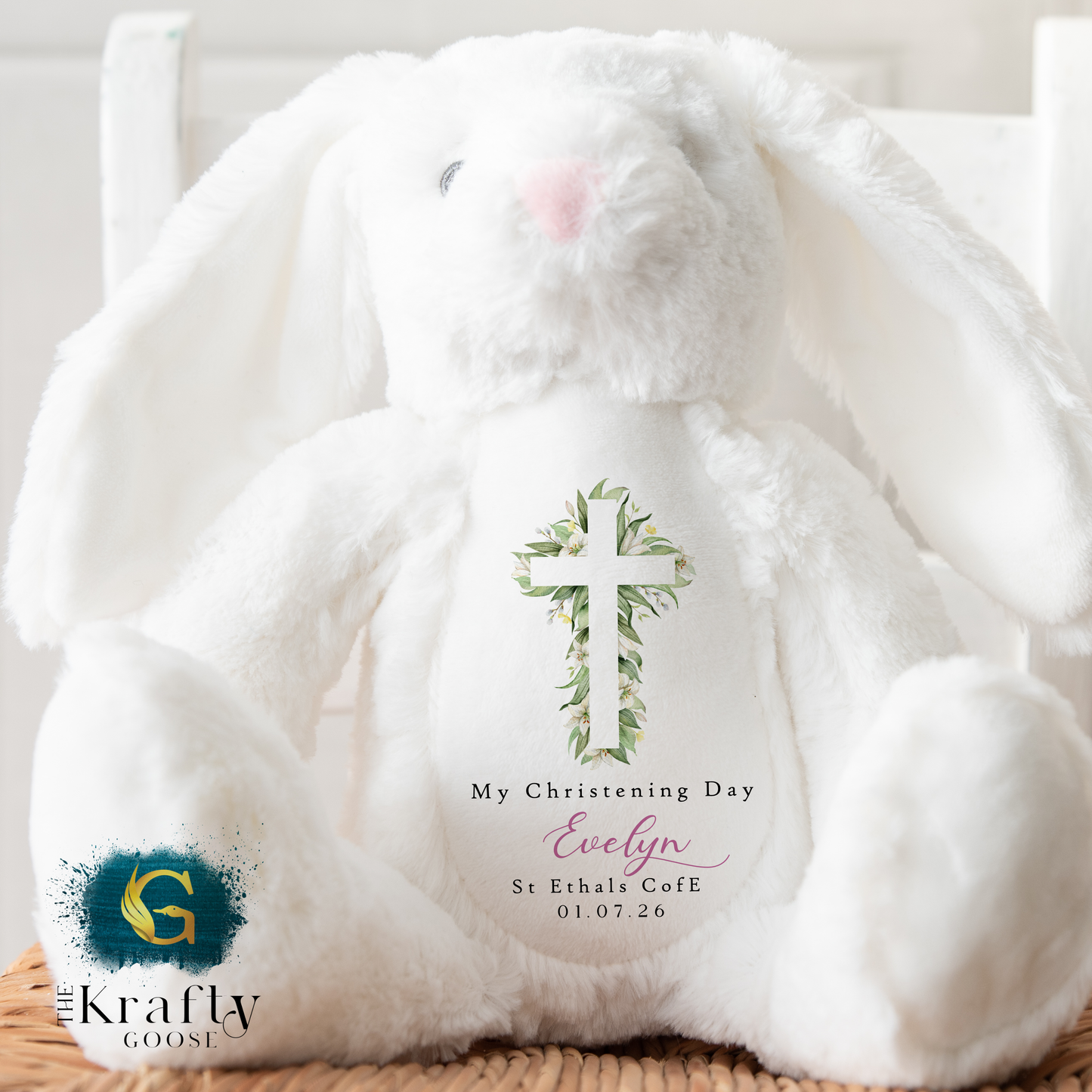 Christening Soft Toy - Green Floral Cross Design