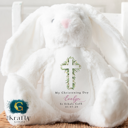 Christening Soft Toy - Green Floral Cross Design