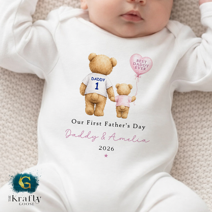 Our 1st Fathers Day - Pink Bear with Balloon - T-Shirt - Vest - Sleepsuit Romper - Sweater