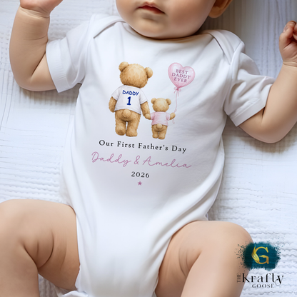 Our 1st Fathers Day - Pink Bear with Balloon - T-Shirt - Vest - Sleepsuit Romper - Sweater