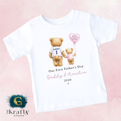 Our 1st Fathers Day - Pink Bear with Balloon - T-Shirt - Vest - Sleepsuit Romper - Sweater