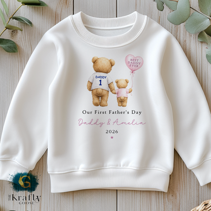 Our 1st Fathers Day - Pink Bear with Balloon - T-Shirt - Vest - Sleepsuit Romper - Sweater