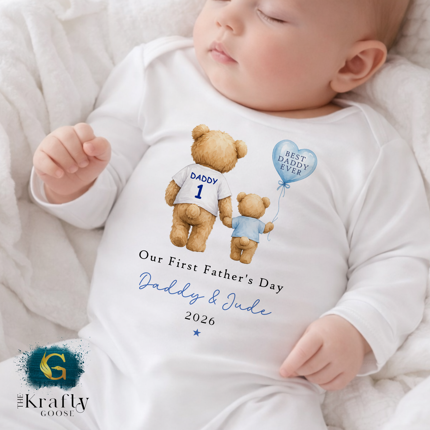 Our 1st Fathers Day - Blue Bear with Balloon - T-Shirt - Vest - Sleepsuit Romper - Sweater
