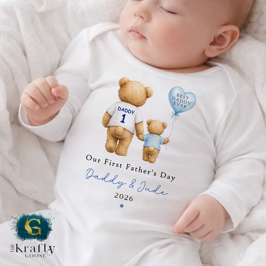 Our 1st Fathers Day - Blue Bear with Balloon - T-Shirt - Vest - Sleepsuit Romper - Sweater
