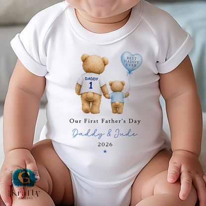 Our 1st Fathers Day - Blue Bear with Balloon - T-Shirt - Vest - Sleepsuit Romper - Sweater