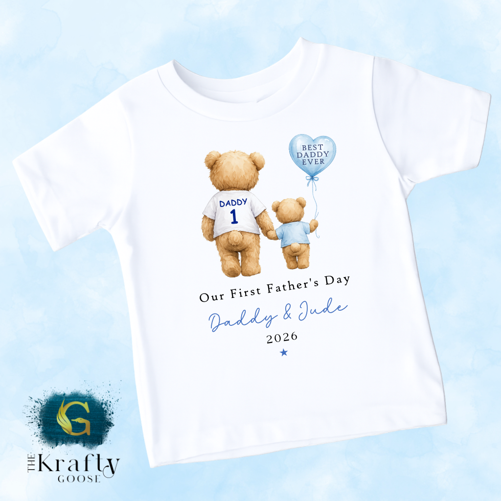 Our 1st Fathers Day - Blue Bear with Balloon - T-Shirt - Vest - Sleepsuit Romper - Sweater