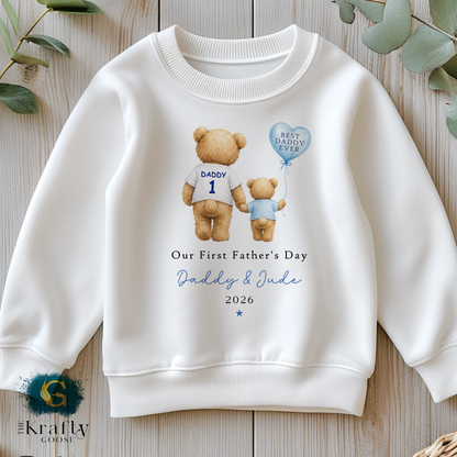 Our 1st Fathers Day - Blue Bear with Balloon - T-Shirt - Vest - Sleepsuit Romper - Sweater