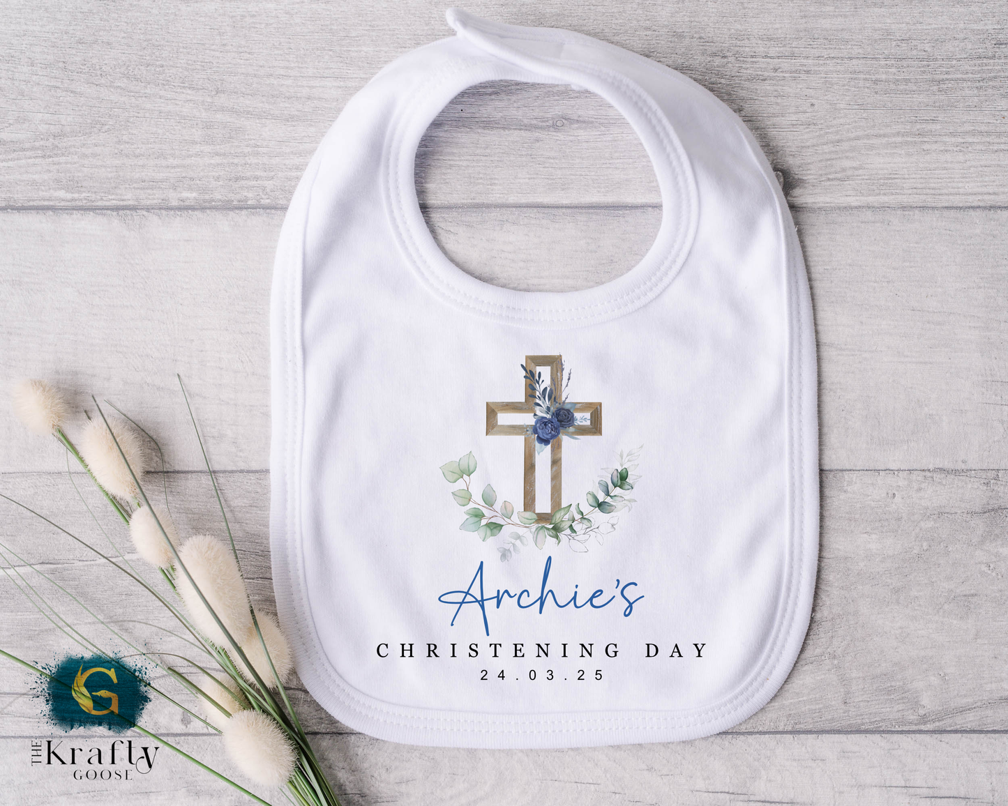 Christening Outfit Blue Floral Cross - Sleepsuit Romper - Vest - Bib