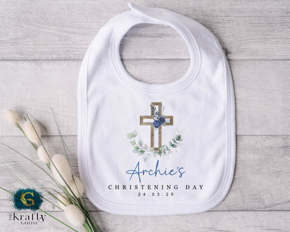 Christening Outfit Blue Floral Cross - Sleepsuit Romper - Vest - Bib