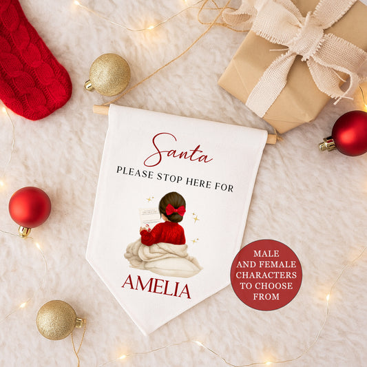 Santa Please Stop Here - Male or Female Character - Linen Hanging Flag