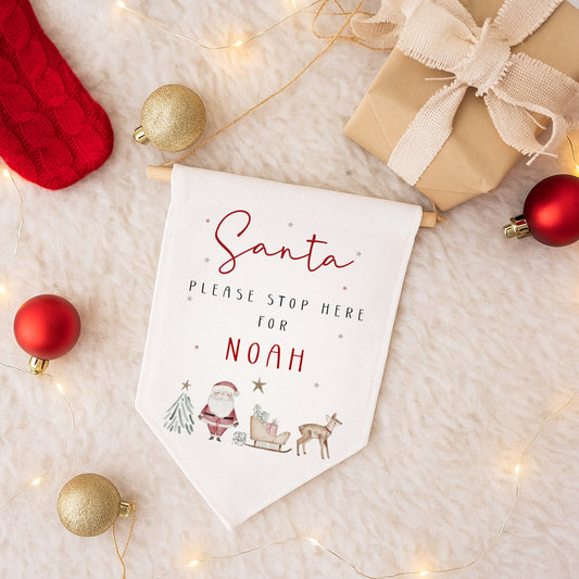 Santa Please Stop Here - Cute Santa Design - Linen Hanging Flag