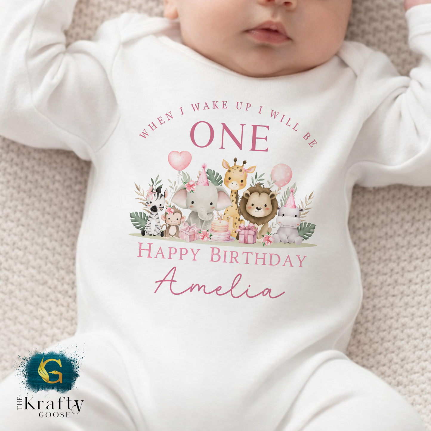 1st Birthday - When I Wake Up - Pink Safari Animals