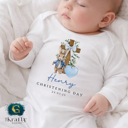 Christening Outfit Blue Bunny Cross - Sleepsuit Romper - Vest - Bib