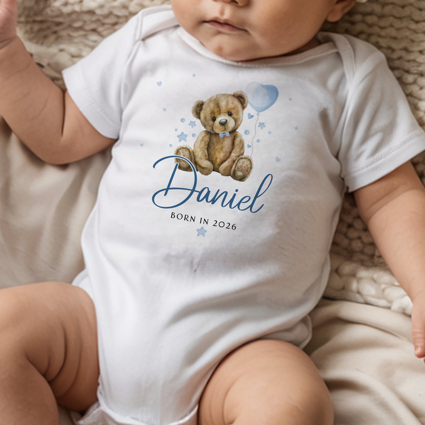 Born in 2026 - Blue Teddy Bear Balloon Design