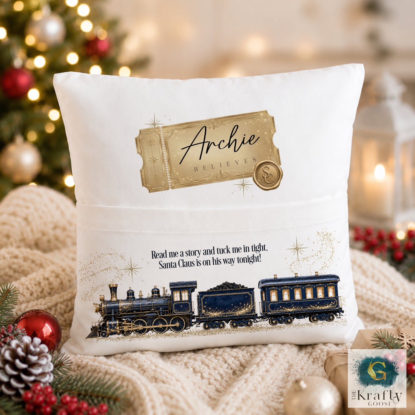 Christmas Book Cushion - Vintage Train - Navy, Red or Pink
