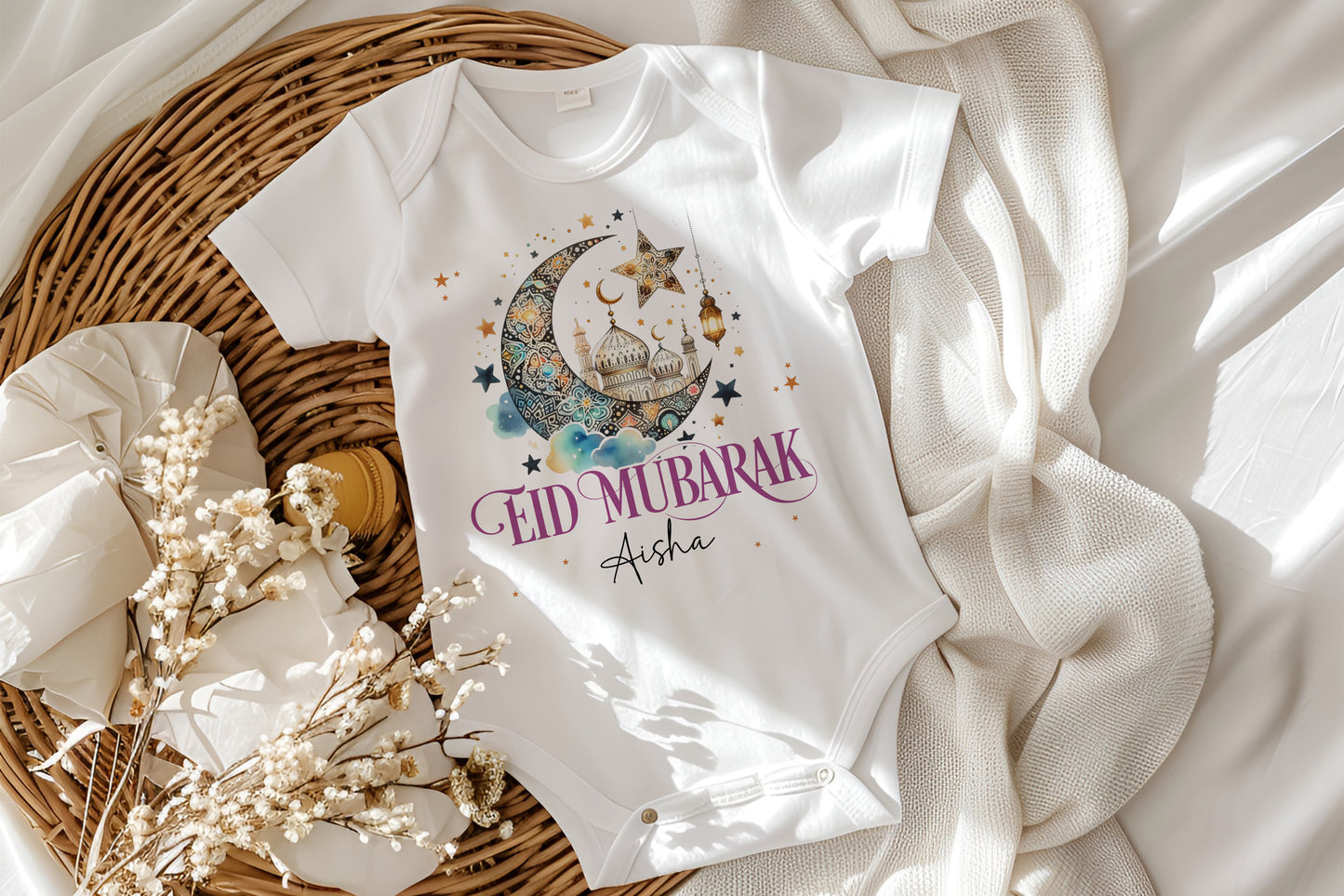 Personalised Eid Mubarak Ramadan Crescent Baby Outfit