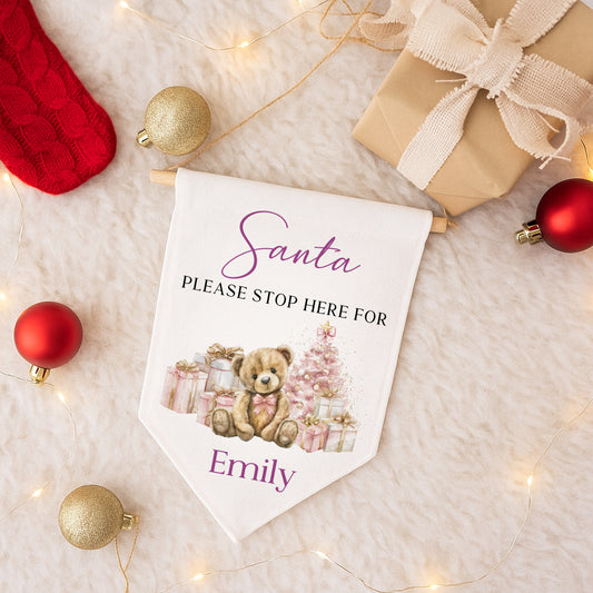 Santa Please Stop Here - Linen Hanging Flag