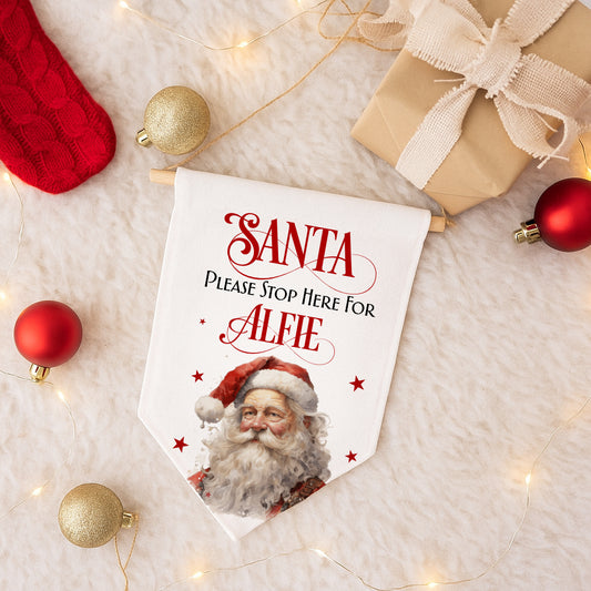 Santa Please Stop Here - Vintage Santa Design - Linen Hanging Flag