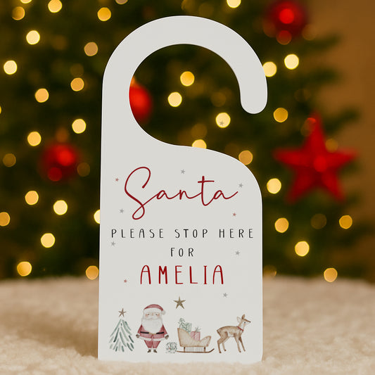 Personalised Santa Please Stop Here Door Hanger - Cute Santa Sleigh