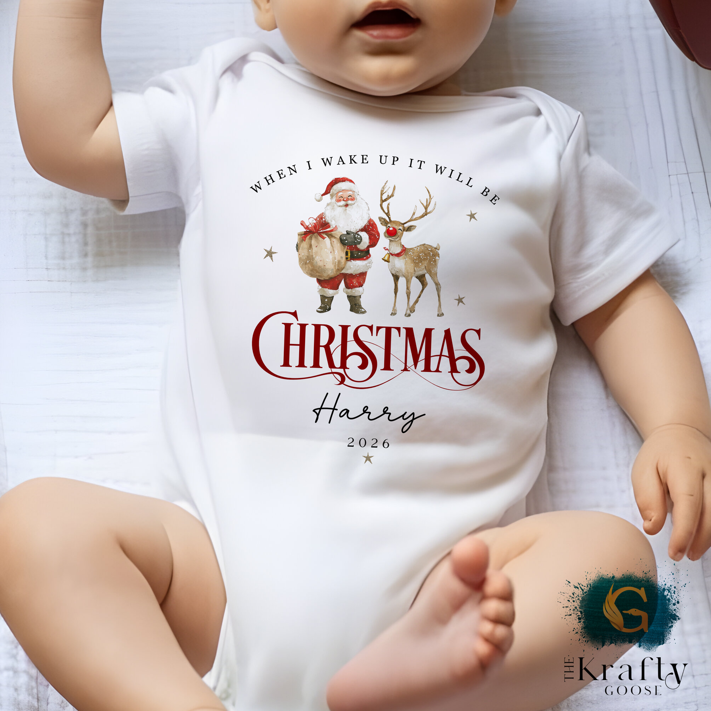 When I Wake Up - Christmas Romper - Santa and Reindeer Design