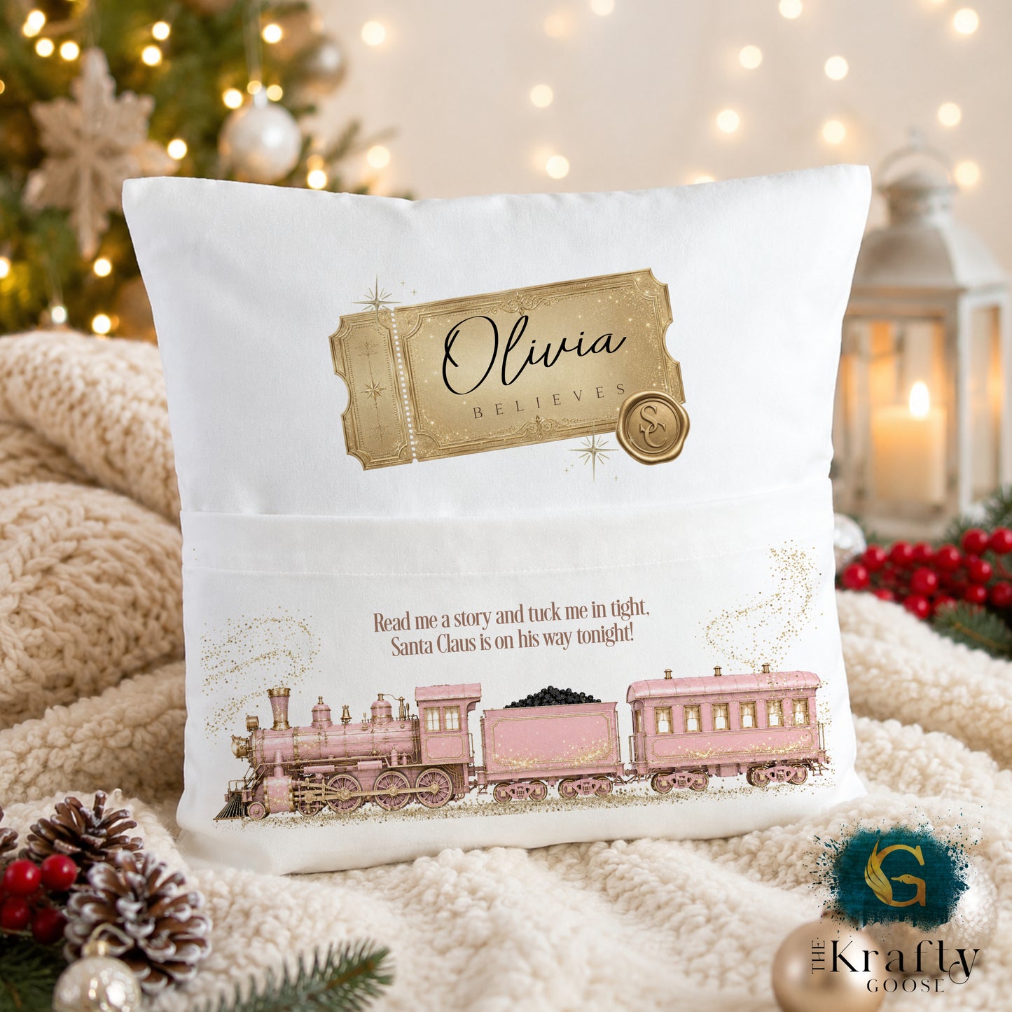 Christmas Book Cushion - Vintage Train - Navy, Red or Pink
