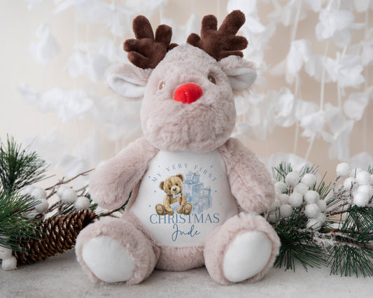 Reindeer Soft Toy - First Christmas - Blue or Pink Bear