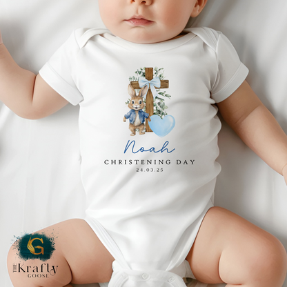 Christening Outfit Blue Bunny Cross - Sleepsuit Romper - Vest - Bib
