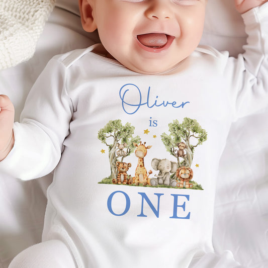 First Birthday Outfit - Jungle Safari - Blue Pink or Green