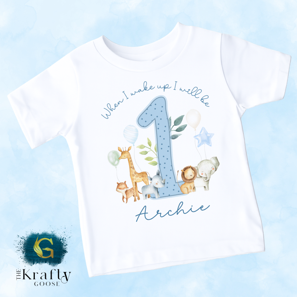 1st Birthday - When I Wake Up - Blue Jungle Safari Animals