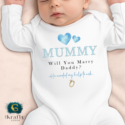 Mummy Will You Marry Daddy - Blue Hearts - T-Shirt - Vest - Sleepsuit Romper