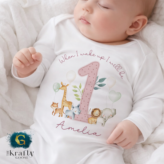 1st Birthday - When I Wake Up - Pink Jungle Safari Animals