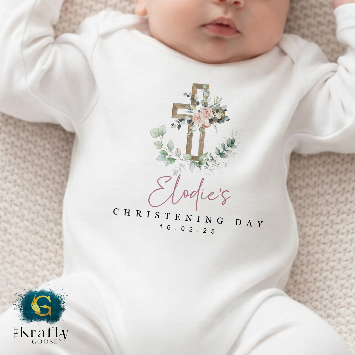 Christening Outfit Pink Floral Cross - Sleepsuit Romper - Vest - Bib