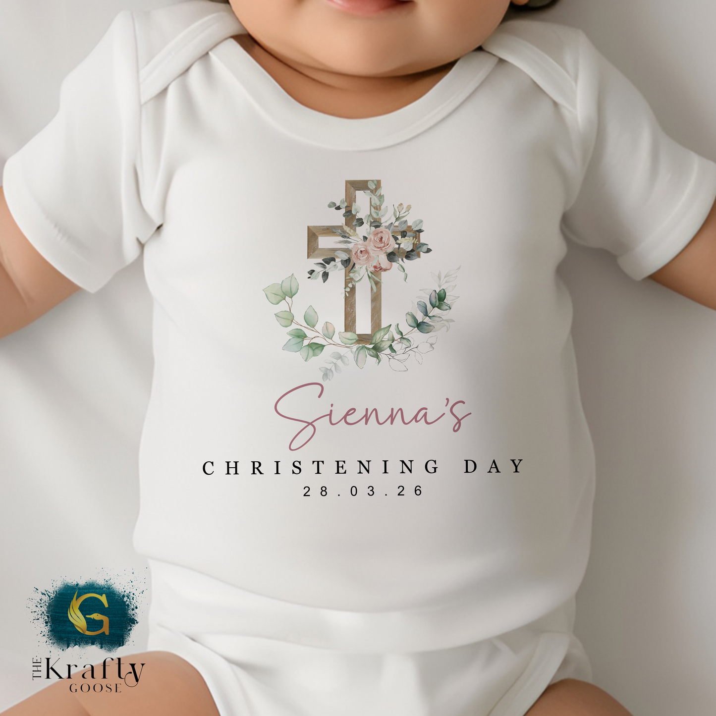 Christening Outfit Pink Floral Cross - Sleepsuit Romper - Vest - Bib