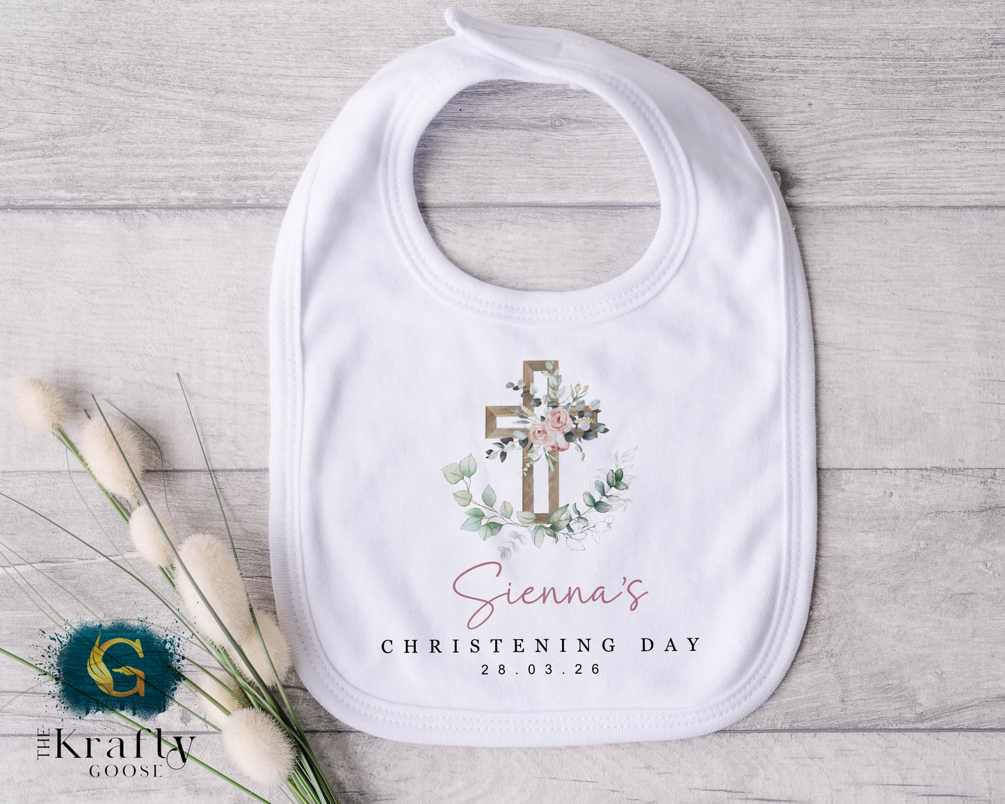 Christening Outfit Pink Floral Cross - Sleepsuit Romper - Vest - Bib