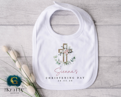 Christening Outfit Pink Floral Cross - Sleepsuit Romper - Vest - Bib