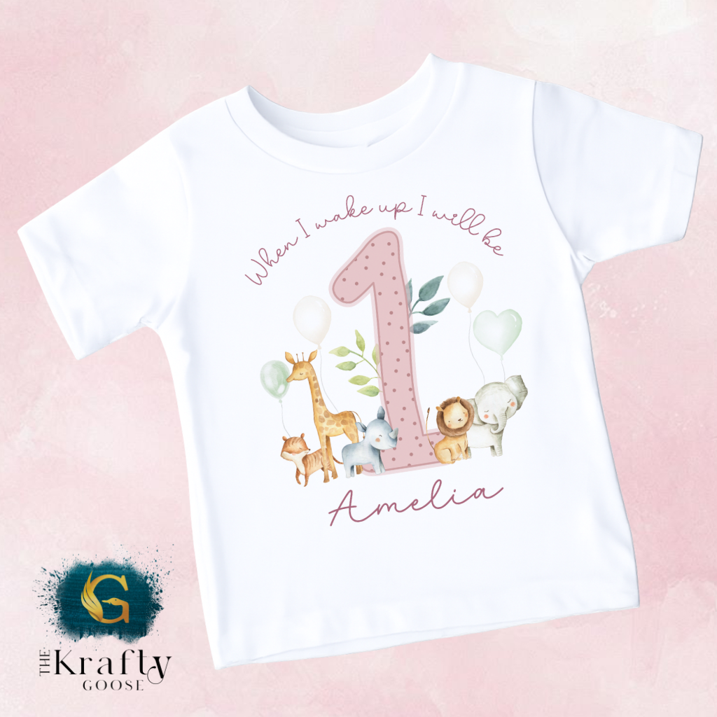 1st Birthday - When I Wake Up - Pink Jungle Safari Animals