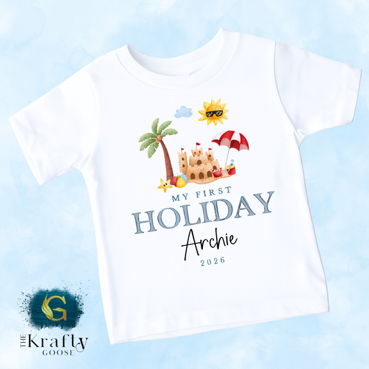 My First Holiday Blue Sandcastle - T-Shirt - Vest - Sleepsuit Romper - Sweater
