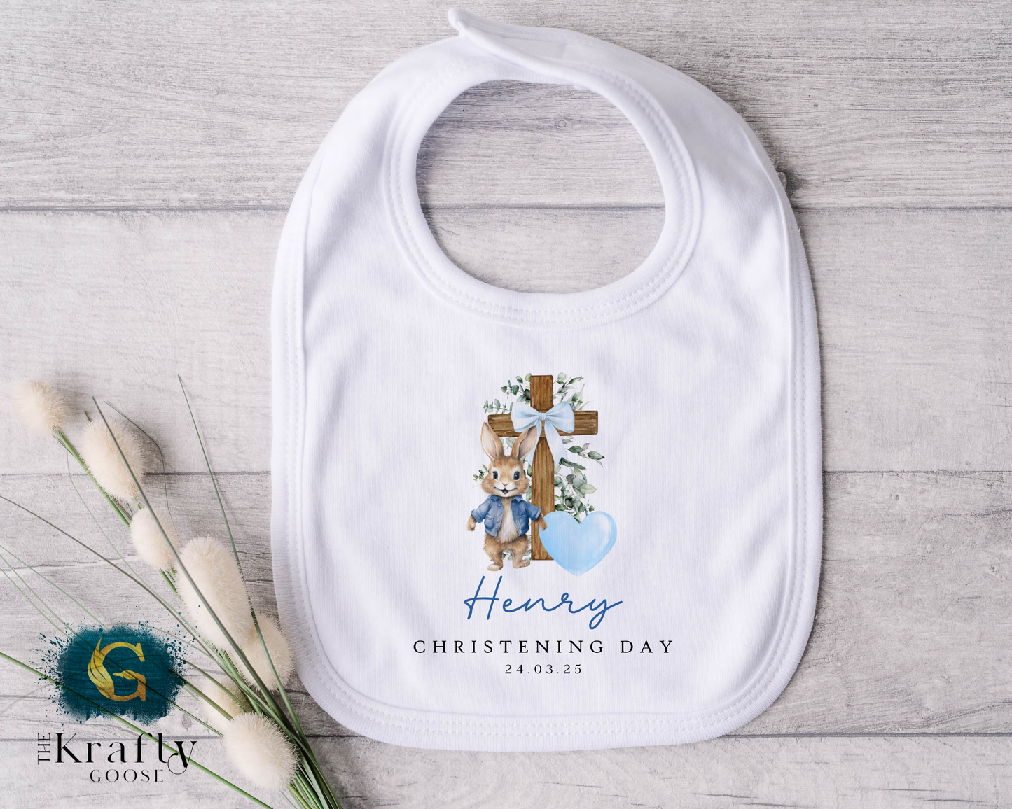 Christening Outfit Blue Bunny Cross - Sleepsuit Romper - Vest - Bib