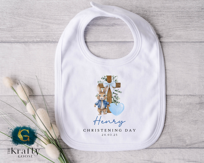 Christening Outfit Blue Bunny Cross - Sleepsuit Romper - Vest - Bib