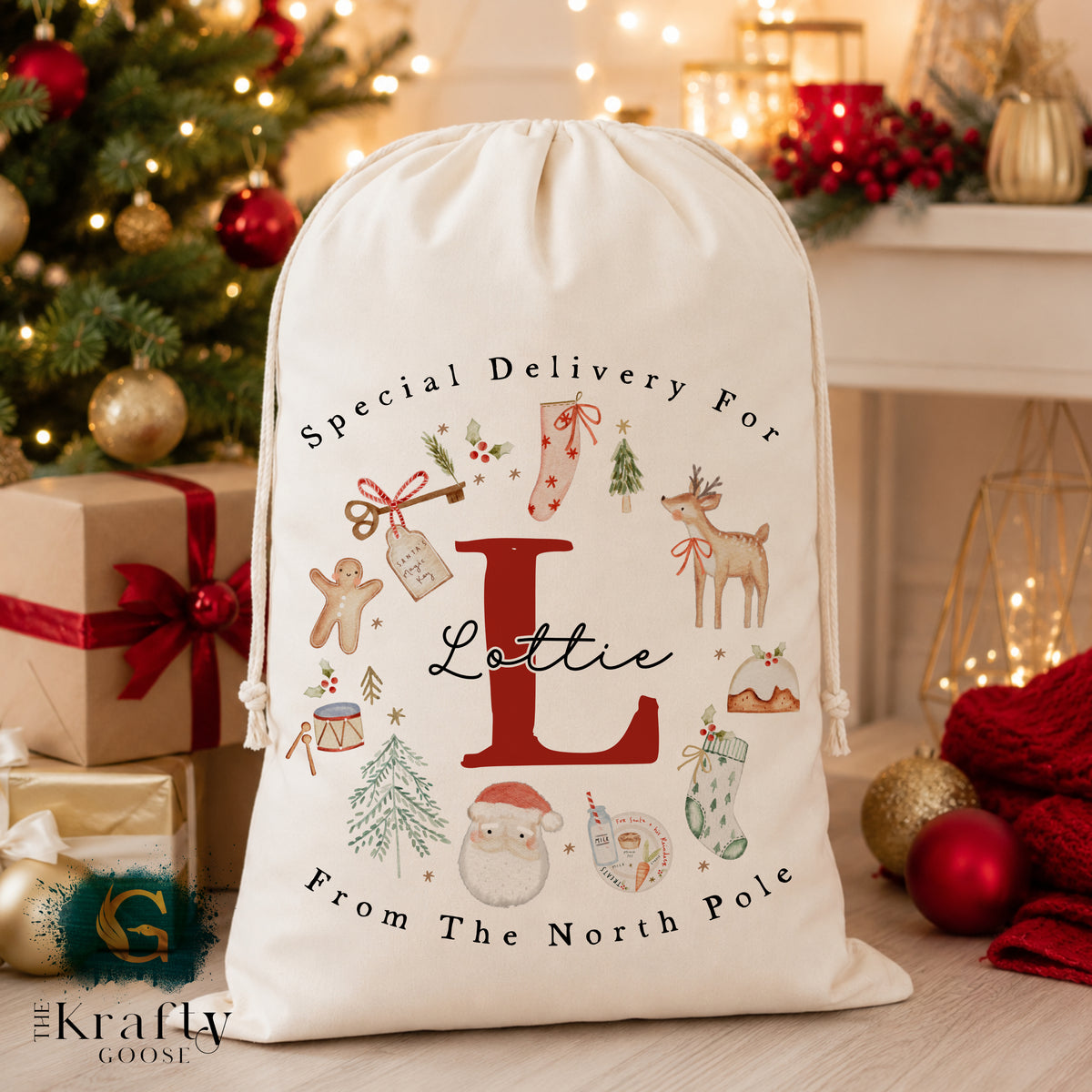 XL Luxury Santa Sack - Santa Reindeer Wreath Design