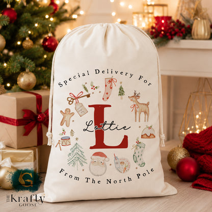 XL Luxury Santa Sack - Santa Reindeer Wreath Design