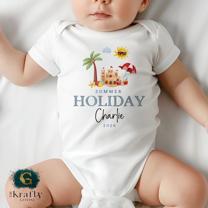 My First Holiday Blue Sandcastle - T-Shirt - Vest - Sleepsuit Romper - Sweater