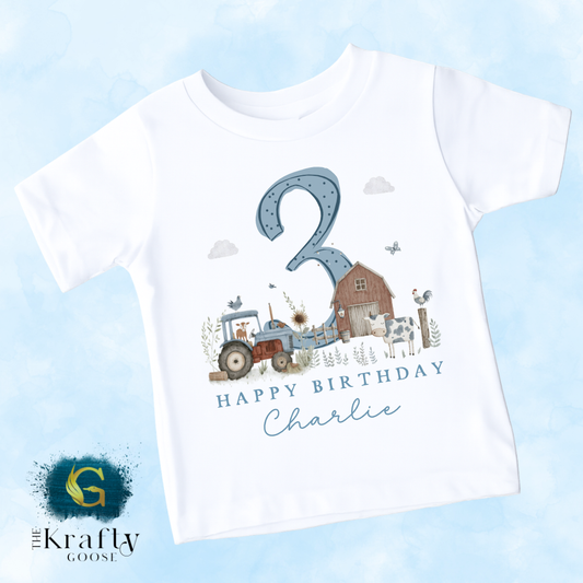 Personalised Farm Birthday Blue T-Shirt or Sweatshirt – Any Age, Custom Name