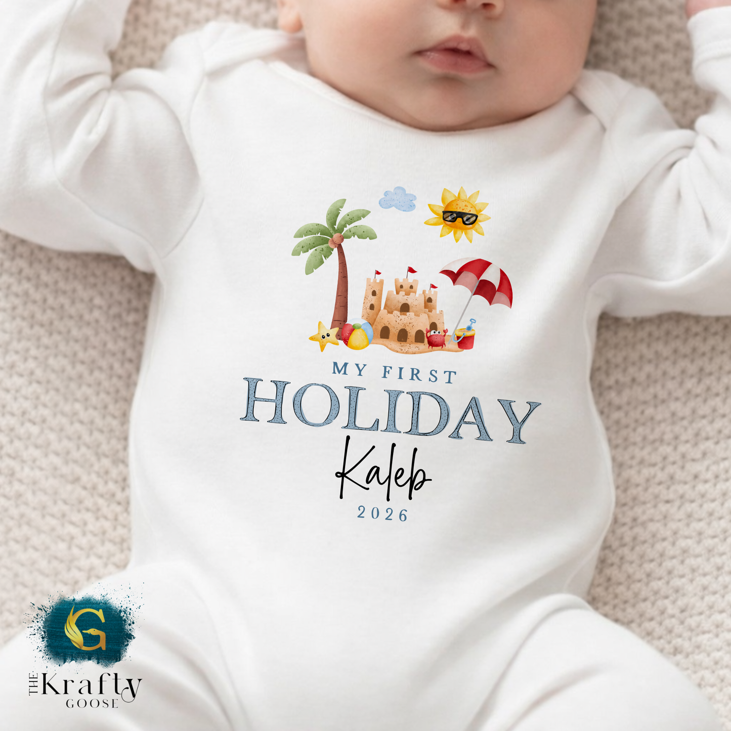 My First Holiday Blue Sandcastle - T-Shirt - Vest - Sleepsuit Romper - Sweater